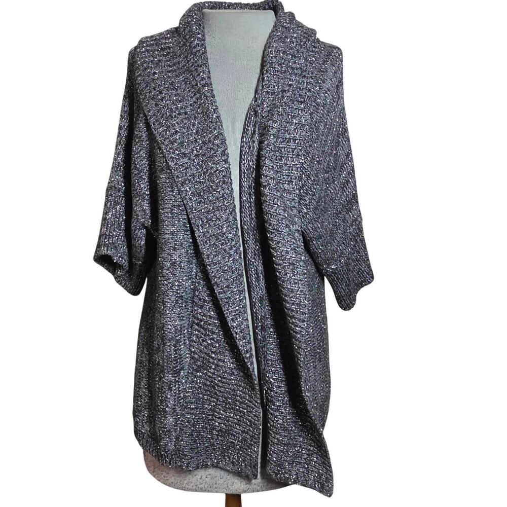 Chicos Open Front Short Sleeve Metallic Knit Cardigan Sweater Size 2 Large
